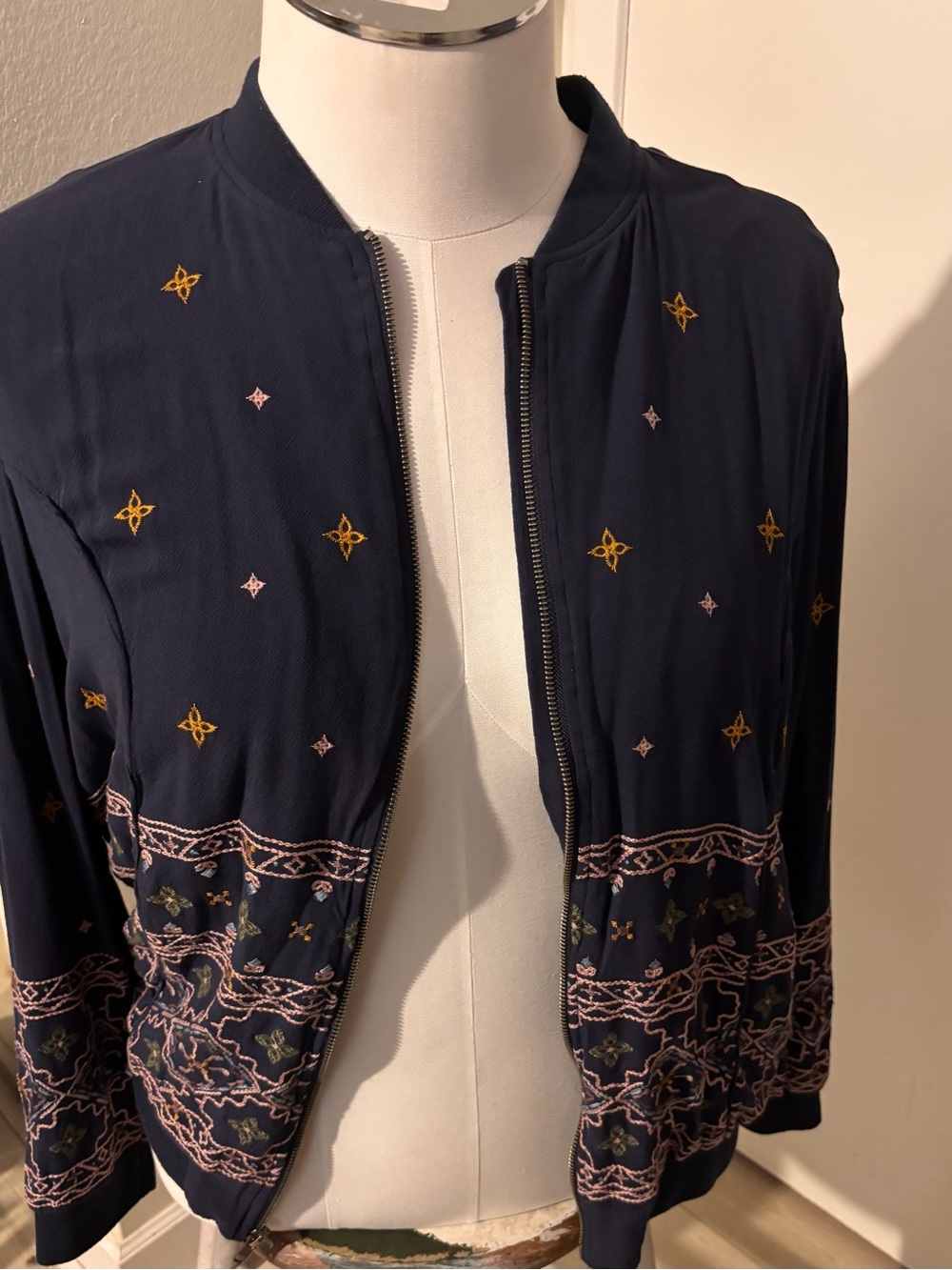 Knox Rose Navy Embroidered Bomber Jacket with Gold & Blush Accents